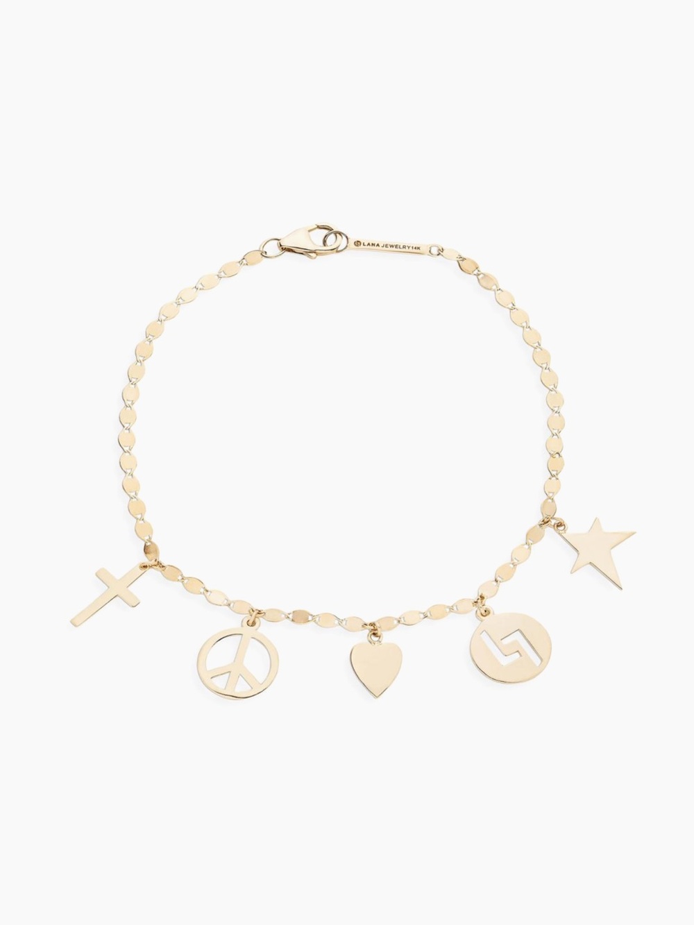 14K Yellow Gold Charm Bracelet 7”with Cross, Peace, Heart, Star & Logo Disk